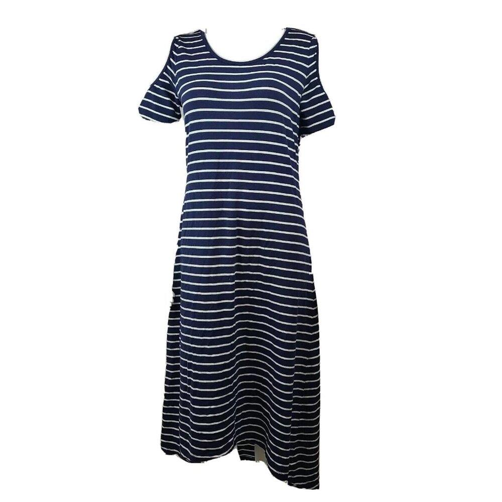 Isaac Mizrahi Live Dress Womens S Small Blue White Striped Cold Shoulder Maxi‎
